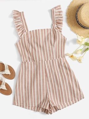 Striped Ruffle-Strap Romper - Beige & White